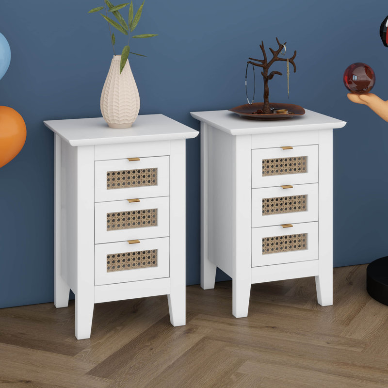 3 Drawers Rattan Nightstands Set Of 2, Wooden End Table With Rattan-Woven Surface, Bedside Table Storage Side Table