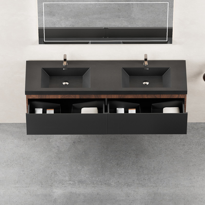 Ensemble de meuble-lavabo flottant 72 po avec lavabo 72 po, meuble de rangement mural à rayures avec tiroir à fermeture en douceur et double cuve à quartz, noyer fumé 24V16-72WAB