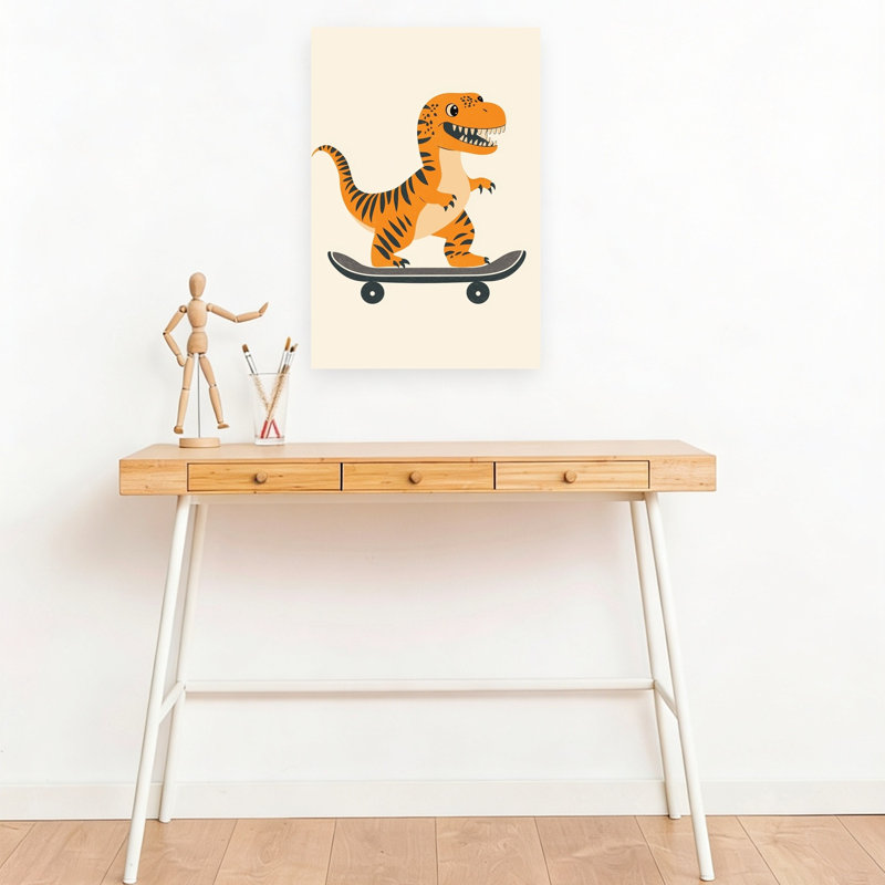 Big Skate Dino Playful Contemporary Animal Wall Art Print 1 Piece Wrapped Canvas Wall Art, 45.72cm H x 30.48cm W