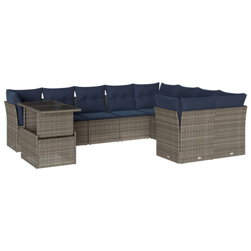 Ensemble de canapé de patio 10 pièces avec coussins en rotin de polyester, Gris, Marine