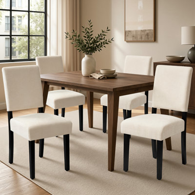 Modern Japandi Chenille Upholstered Dining Chairs with Solid Wood Legs, Ergonomic Padded Kitchen Side Chair (Set of 4)