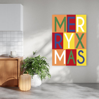 Merry Xmas Colorful Typography Bold Colorful Geometric City Wall Art Print 1 Piece Wrapped Canvas Wall Art