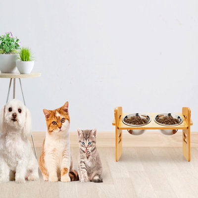 Bols pour animaux pour chats et petits chiens, bols surélevés en bambou pour nourriture et eau avec 2 bols en acier inoxydable