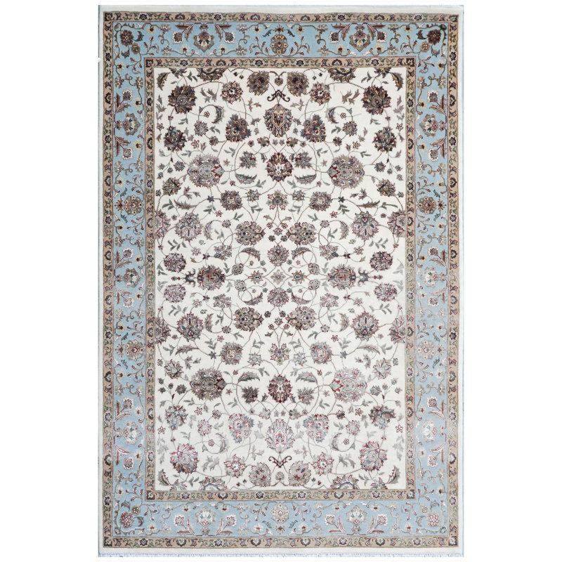 Tapis ivoire et bleu clair noué à la main de haute qualité