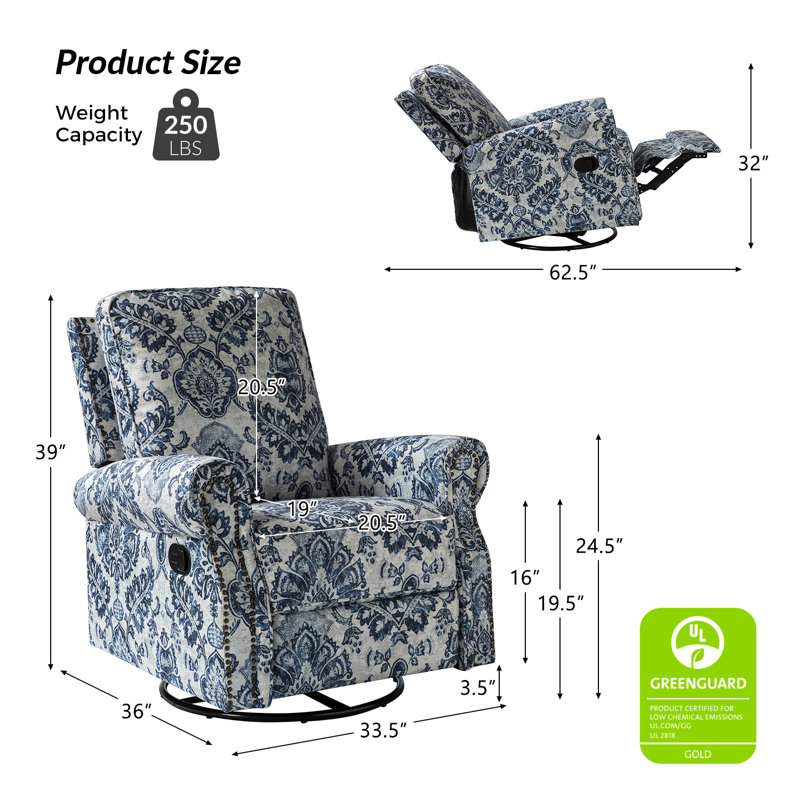Antasia 34'' W Rocking Swivel Nursery Recliner, Navy Blue/Cream Polyester