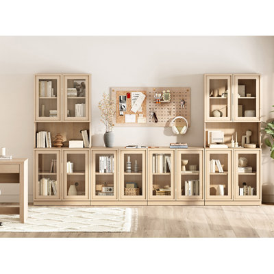 72" Tall Bookshelf with 8 Glass Doors and Book Shelves, Library Bookcase with Closed Storage Cabinet and Glass Display Shelves, Wooden Book Shelf for Home Office, Living Room