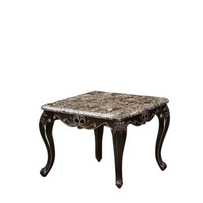 Transitional Style Square End Table Marble Top Cabriole Legs Golden Highlight Curved Details