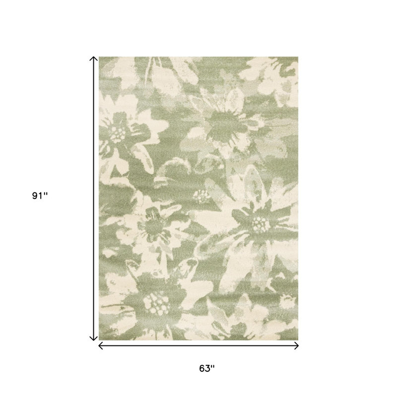 Tapis vert et crème à feuilles botaniques 5 pi x 8 pi