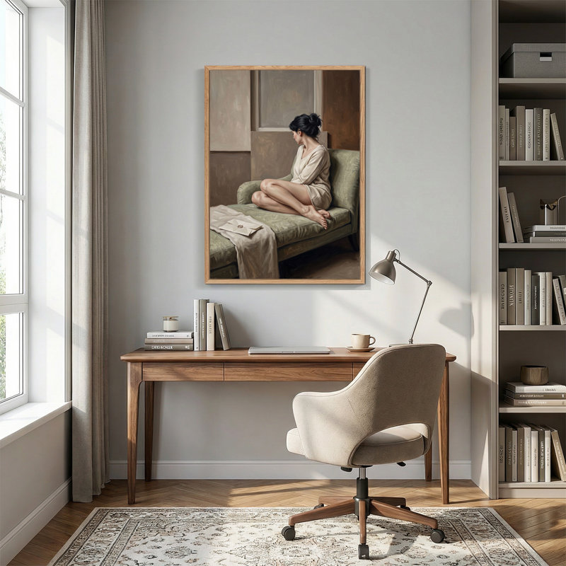 Femme assise sur un canapé vert en robe crème, art mural sur toile, H 36 po x l 24 po