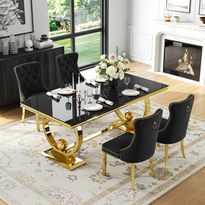 70" Glass Dining Table Set Of 5, Double U-Shaped Polished Stainless Steel Base, 10Mm Thick Tempered Glass Top And Velvet Upholstered Nailhead Chairs