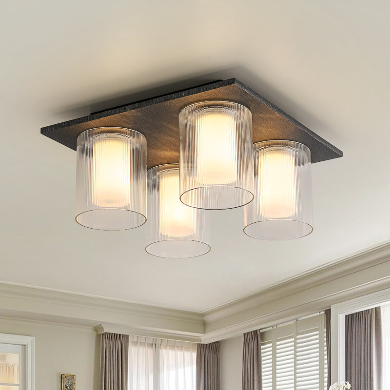 4-light Glass Shade Led Square Flush Mount