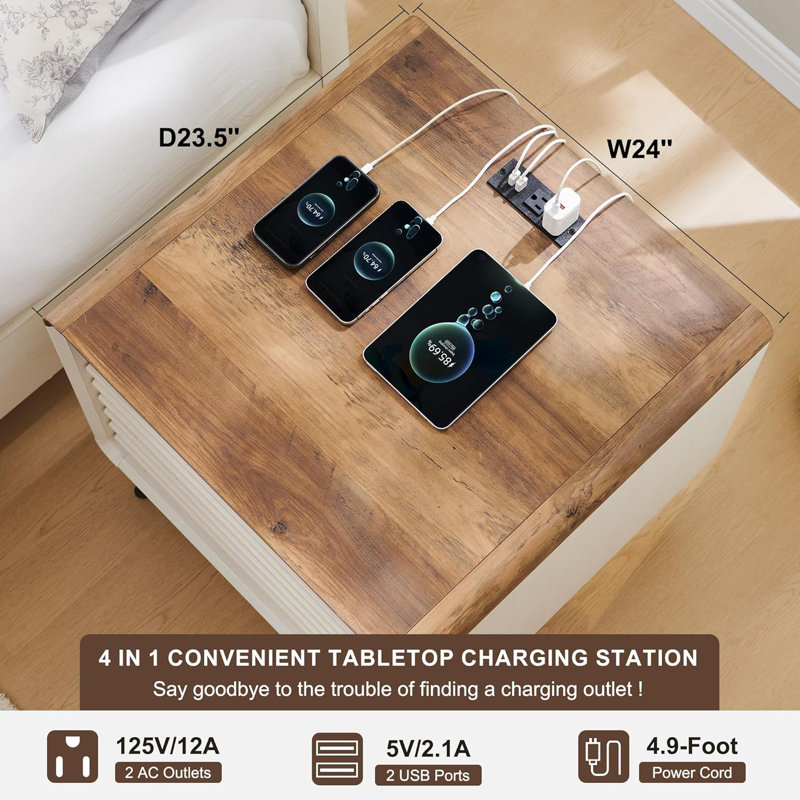 Table de chevet 24 po avec 2 tiroirs et station de charge Mid Century, Brun clair / Base blanche