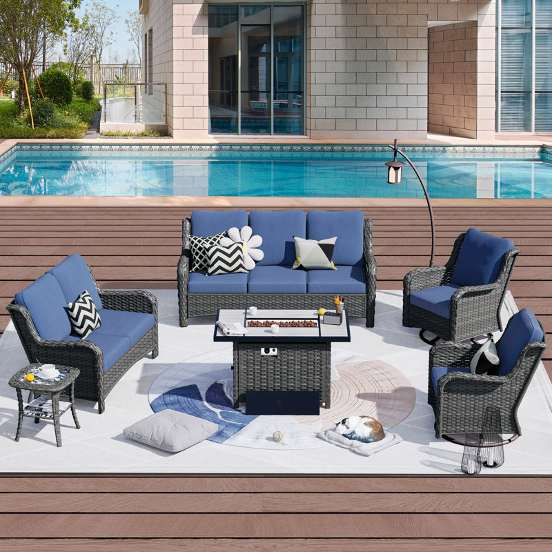 Ensemble de conversation pour 5 personnes avec coussins Kanasha, Bleu denim, gris