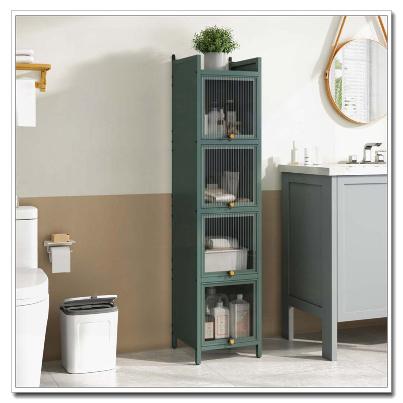 4-tier Glass Door Bathroom Storage Cabinet, Dark Green