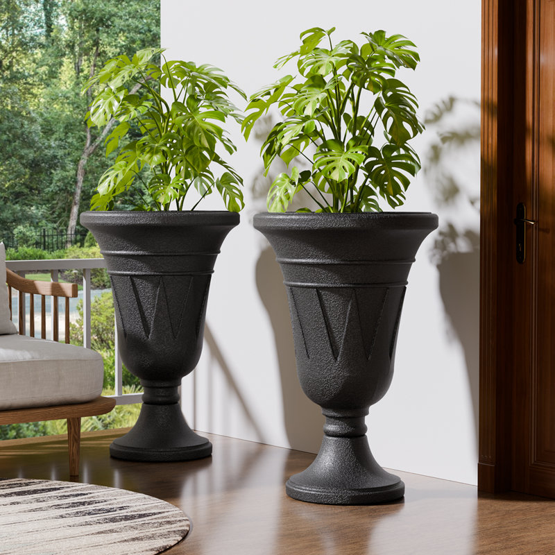 2-Pack Trophy Shaped Pedestal Planters, 23.6" Tall Outdoor Urn Flower Pots With Solid Base, Elegant Pattern, Weather-Resistant HDPE