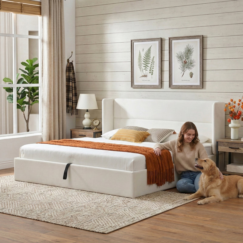 Lit plateforme tapissier avec rangement Gaillarde, Très grand, Crème
