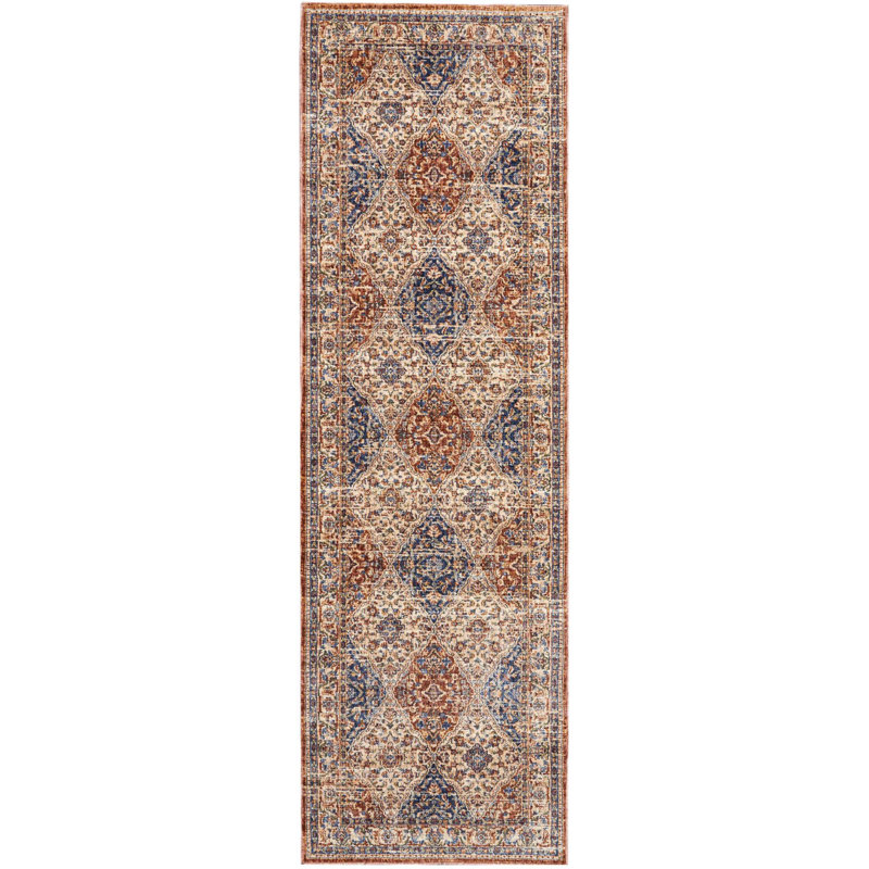 Tapis brun / bleu en polyester tissé à la machine, Tapis de couloir 2 pi 3 po x 7 pi 6 po