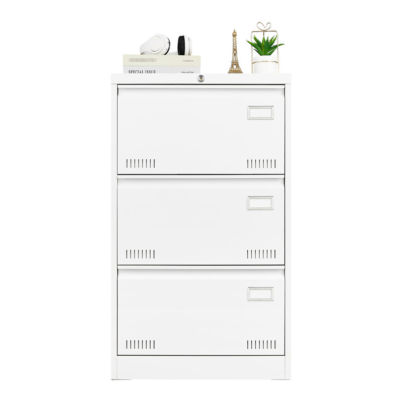 3 Drawer Widened Filing Cabinet, White Metal With Lock For Secure Document Storage In Office Locking Drawer, Drawers Efficient And Safe File Organization