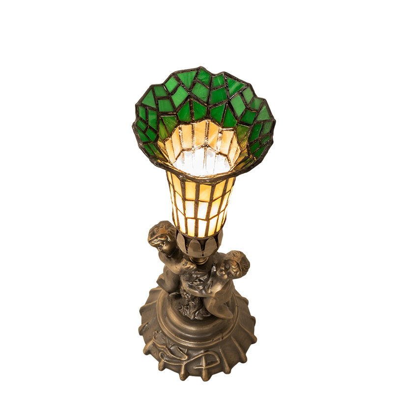 13" High Stained Glass Pond Lily Twin Cherub Accent Lamp, Green/Yellow