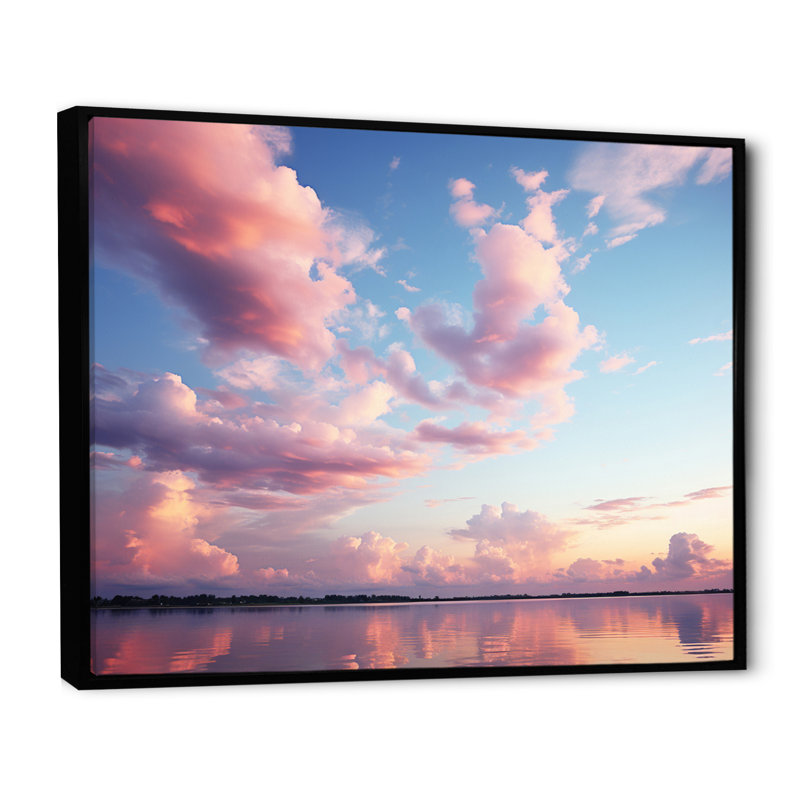 Ciel rose, sérénité céleste sur toile, Cadre flottant noir, H 34 po x l 44 po x P 1,5 po