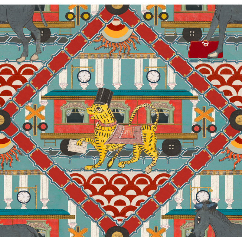 ORIENT EXPRESS Wallpaper Roll, Aquamarine/Red/Yellow/Black/White