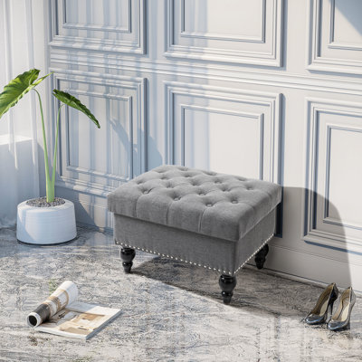Banc de rangement en lin gris avec couvercle amovible avec repose-pieds et siège de 25 po, pieds en bois cloutés avec couvercle de 25 po