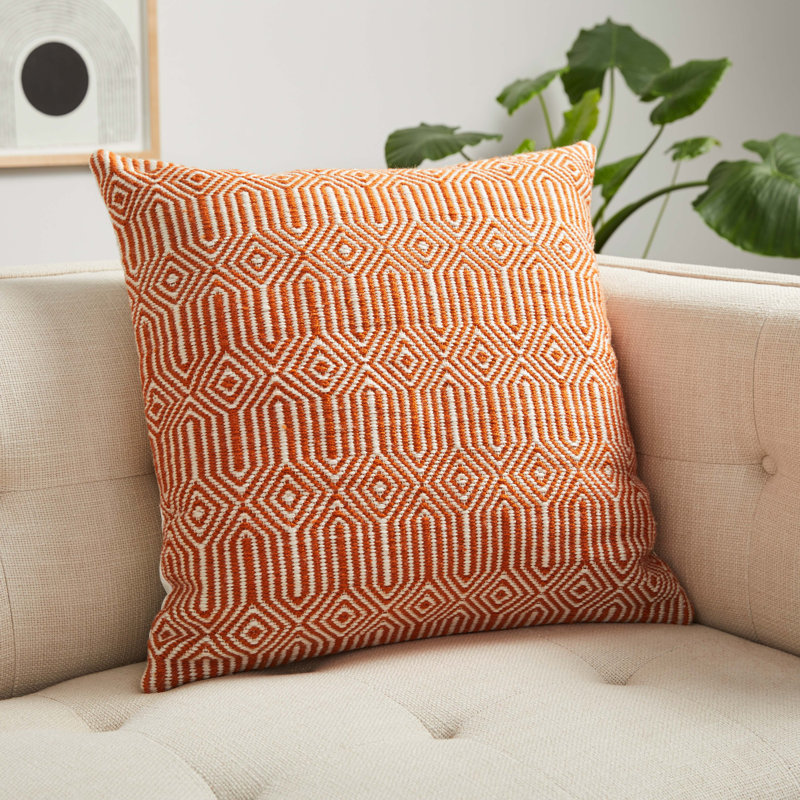 Orange and Ivory Geometric Embroidered Square Pillow Cover