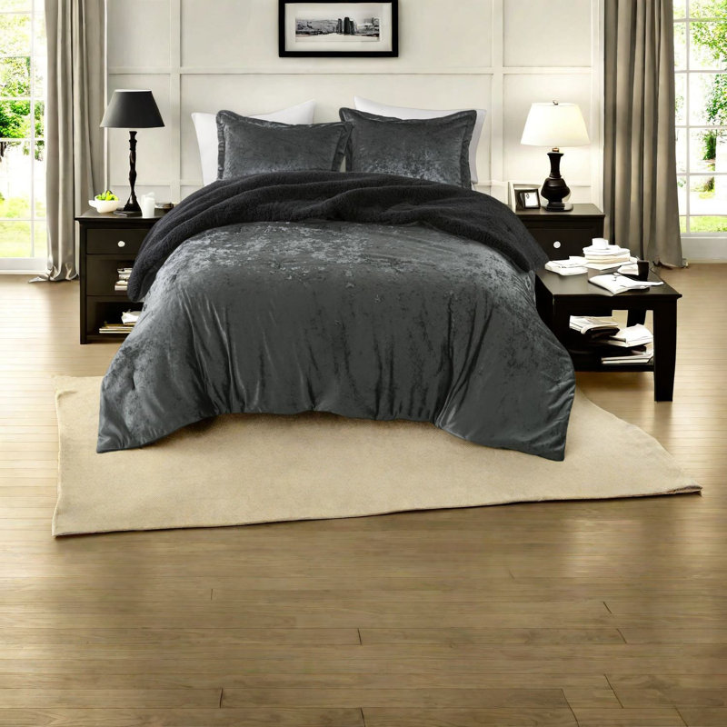 Ensembles de literie en velours luxueux, édredon réversible hypoallergénique gris anthracite