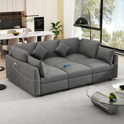 Kaori 86.6" Chenille Upholstered Sectional Sofa with Movable Ottoman & USB Ports