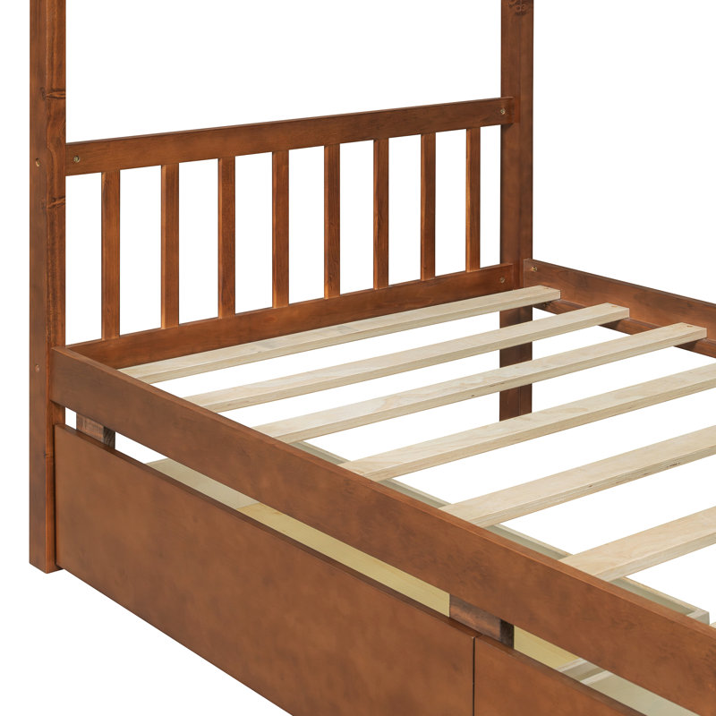 Lit simple avec tiroirs de rangement et structure en bois massif, Noyer, Lit simple