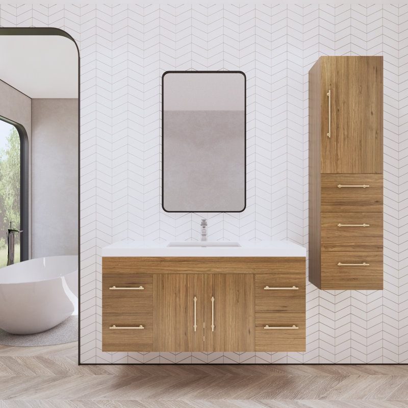 Bastos 47" Wall-Mounted Single Bathroom Vanity Set, Natural Oak