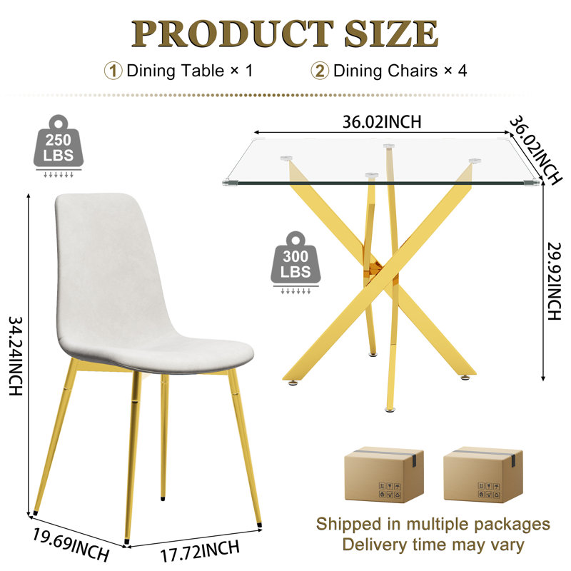 36" Square Glass Dining Table Set, Modern Stainless Steel Cross-Leg Base With 4 Velvet Upholstered Chairs, Gold/White/Gold