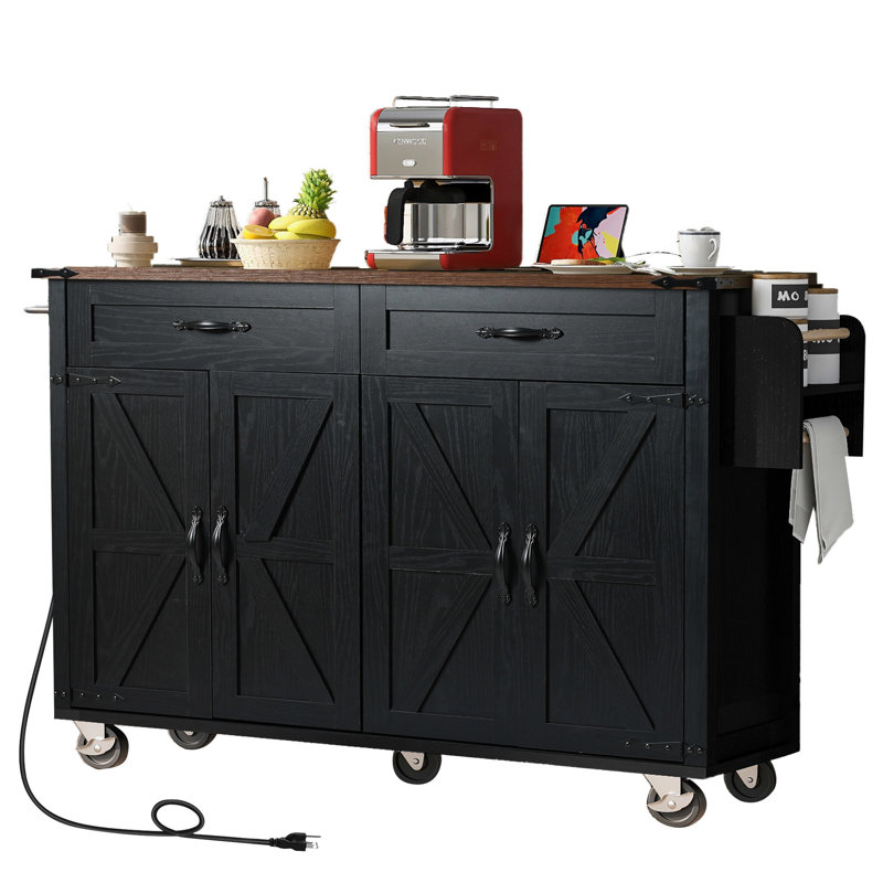 Large Black Kitchen Island With Drop Leaf, Power Outlet, Drawer, Rolling Cart, 53.5'' X 28.84'' 36.5'' For And Dining Storage, Black, 53.5''W 28.84''D 36.5''H