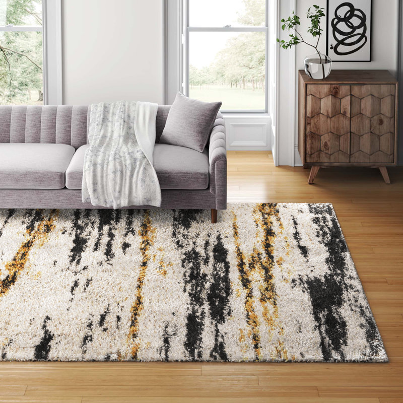 Jubei Modern Bold Strie' Shag Beige/Black/Yellow Rug, Rectangle 7'9" x 10'