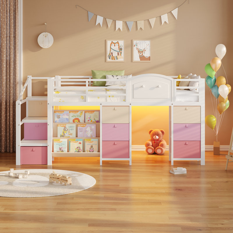 Low Loft Bed Twin Size with 9 Storage Drawers, Bookcase & LED Lights, Metal Kids Loft Bed with Stairs and Guardrail