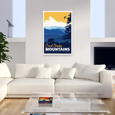 Ours des montagnes du ciel doré - Art mural abstrait contemporain représentant un ours et un oiseau dans un paysage de montagne