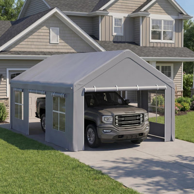 13x20 FT Heavy Duty Carport & Portable Garage with Roll-Up Doors and Windows, Gray