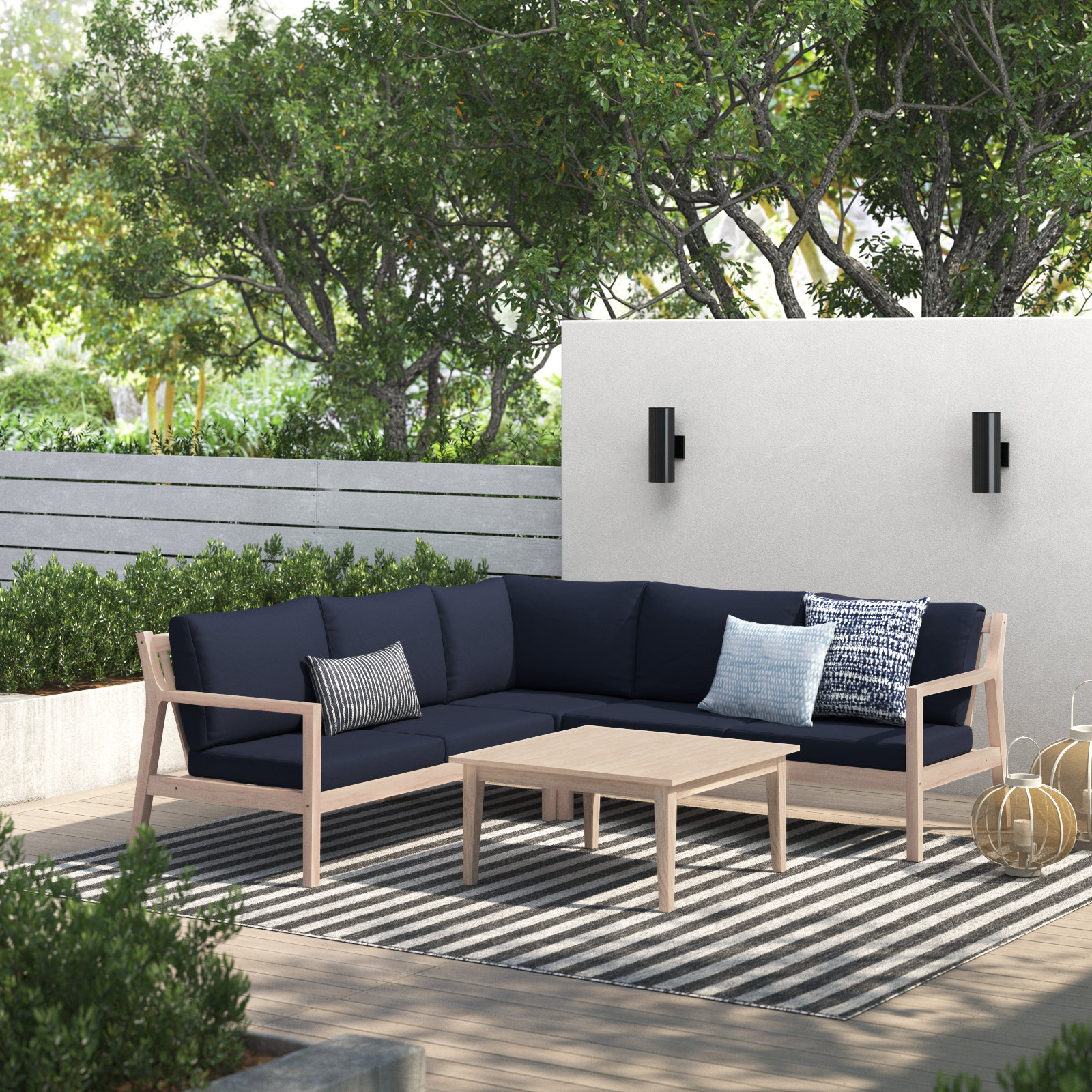 Amina 5-Person Acacia Patio Seating Group, Navy Performance Olefin