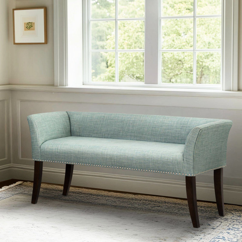 Élégant banc de siège rembourré bleu sarcelle avec rembourrage à dossier bas, texture à chevrons et accoudoirs évasés, confort durable, capacité de 400 lb, entrée