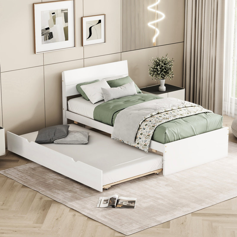Structure de lit simple avec lit gigogne blanc crème, tête de lit ultrabrillante moderne et lit gigogne élégant pour la chambre à coucher
