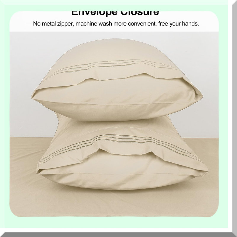 Embroidered Microfiber Pillowcase Set - 2 Pack 1800 Thread Count Soft Brushed Pillow Cases, Wrinkle Free Breathable Beige - Machine Washable