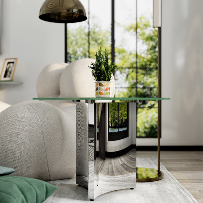 Silver End Table, 24" Modern Glass Side Table With Mirrored Geometric Stainless Steel Base