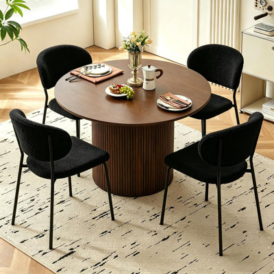 47" Walnut Wooden Kitchen Table Set for 4, Modern Mid Century Dining Room Table Set with Black Boucle Dining Chairs Upholstered