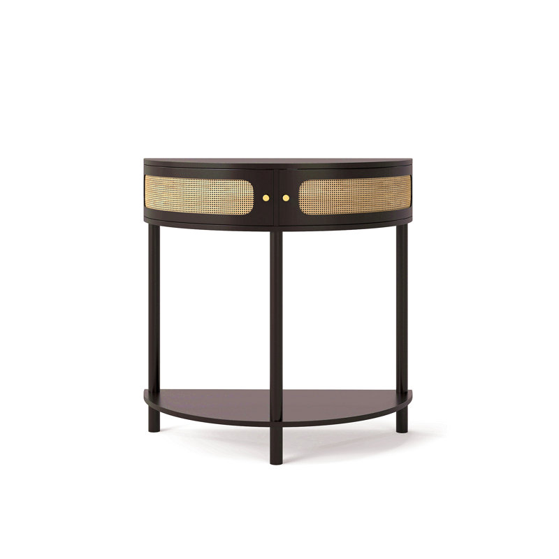 Unique Half Moon Design End Table With Sliding Rattan Door,Elegant Semi-Circle Entryway Console Table With 2 Rattan Storage Cabinet And Bottom Shelf