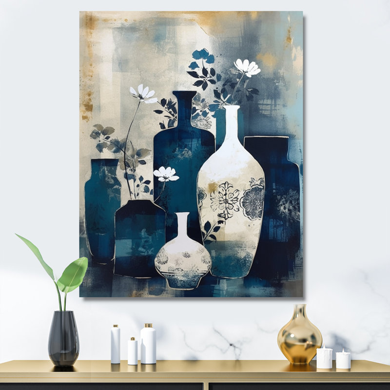 Art mural bleu et crème fantaisiste en argile II - Boho Pottery, H 32 po x l 24 po, Toile tendue
