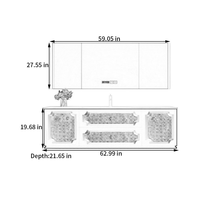 Armoire de salle de bain de style français crème, H 19,68 po x l 62,99 po x P 21,65 po