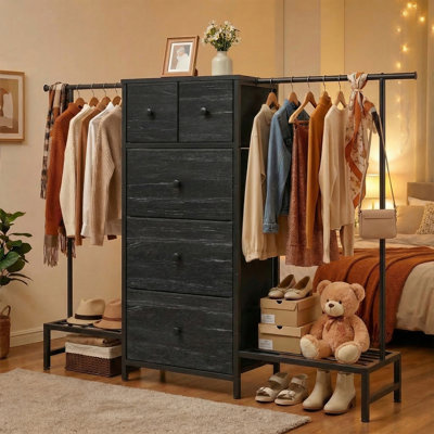 Multifunctional 5-Drawer Dresser with Dual Hanging Rods & Shelves for Small Spaces, Apartment Bedroom & Entryway Organizer