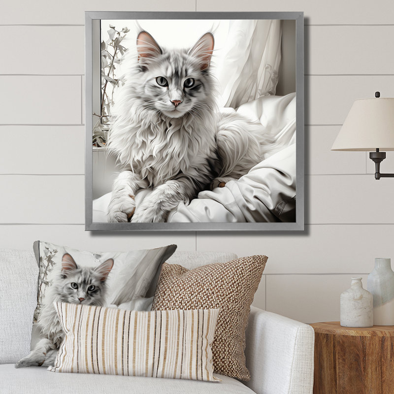 Portrait de chat câlin noir et blanc II - art mural chat, Cadre simple argenté, H 16 po x l 16 po x P 1 po