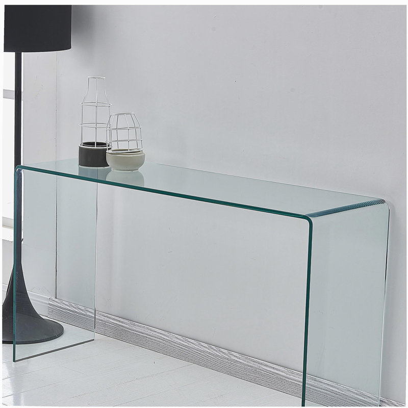 Console en verre, console en verre trempé transparent avec bureaux à bords arrondis, table de canapé