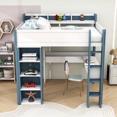 Lit mezzanine double avec cadre en bois avec bureau intégré et tablettes